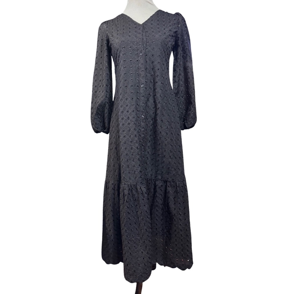 Sowears Dress Womens S Black Eyelet Cotton Button Front Puff Sleeve Maxi Boho 49